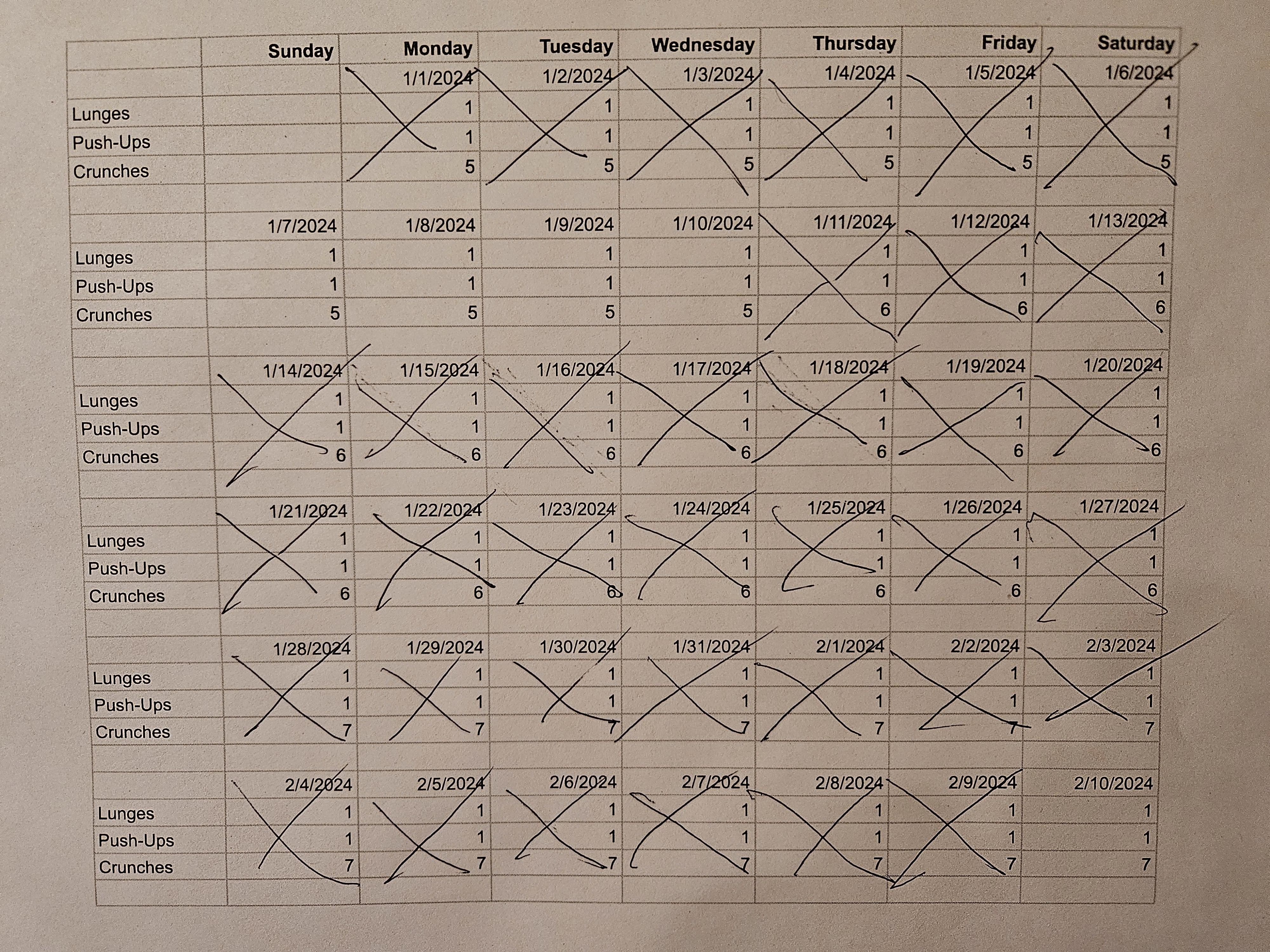 calendar showing days that exercise was completed